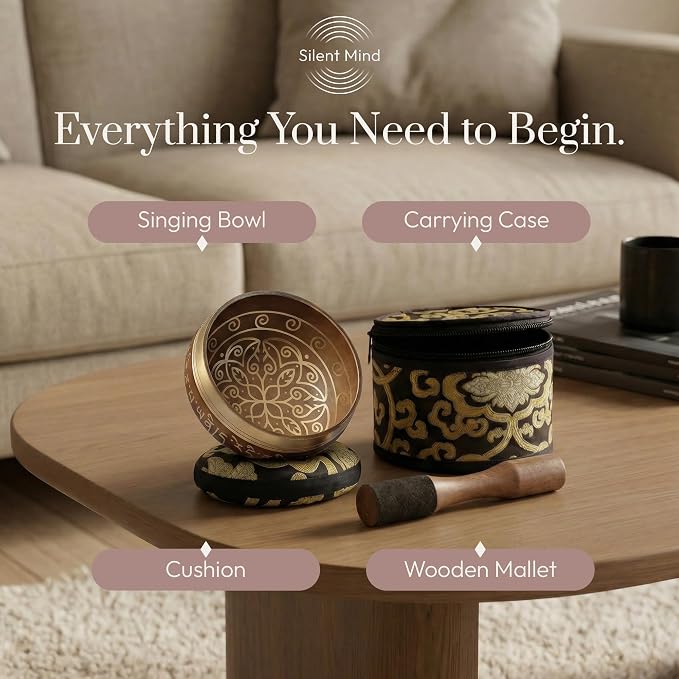 Silent Mind Tibetan Singing Bowl Set – Easy to Play & Beginner Friendly Meditation Bowl with Cushion, Mallet & Case | Stress Relief & Mindfulness | Gift-Ready