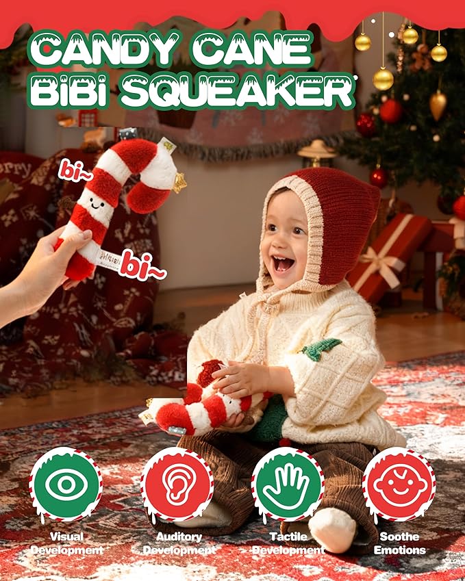 Jollybaby My Baby First Christmas Toys Candy Cane Squeaker for 0-6-12-18 Months, Car Seat Stroller Crib Toy, Christmas Stocking/Socks Stuffers Gifts for Tummy Time Infants/Newborns Boy and Girl