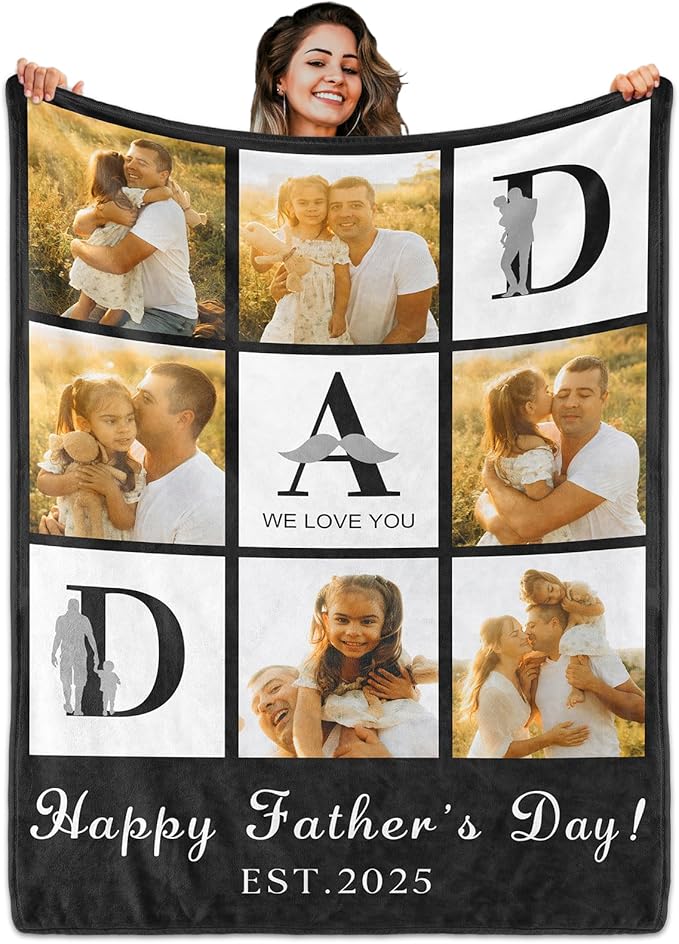 Fathers Day Birthday Gift for Dad Custom Blanket with 6 Photo & Text, Personalized Blankets with Picture to My Dad, HD Printing Customized Flannel Throw Blanket Gifts for Best Daddy Grandpa Ever