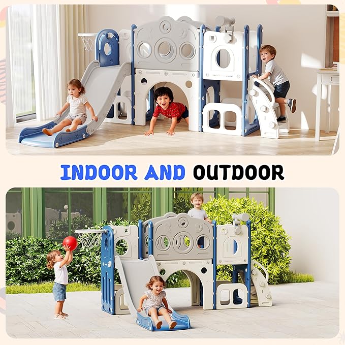 GITAWUSA 8 in 1 Toddler Slide, Outdoor Indoor Playset for Kids Baby Age 1 2 3, Childs Climber Slide with Storage Space and Non-Slip Steps, Basketball Hoopa and Telescope, Blue & White