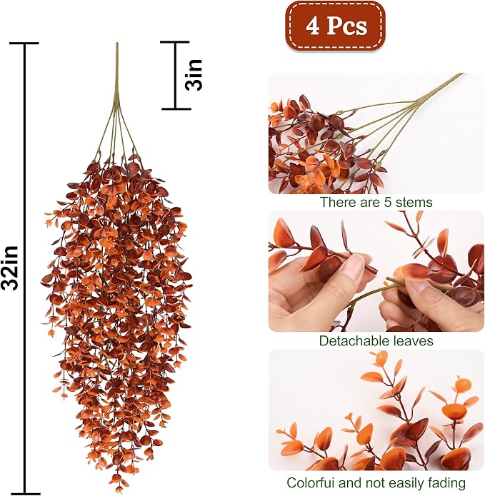 Waipfaru 4Pcs Fake Hanging Plants, Red-Brown Eucalyptus Fake Vines Ivy | UV Resistant Artificial Plants Outdoor Faux Plants Indoor Bedroom Living Room Boho Wall Porch Shelf Decor