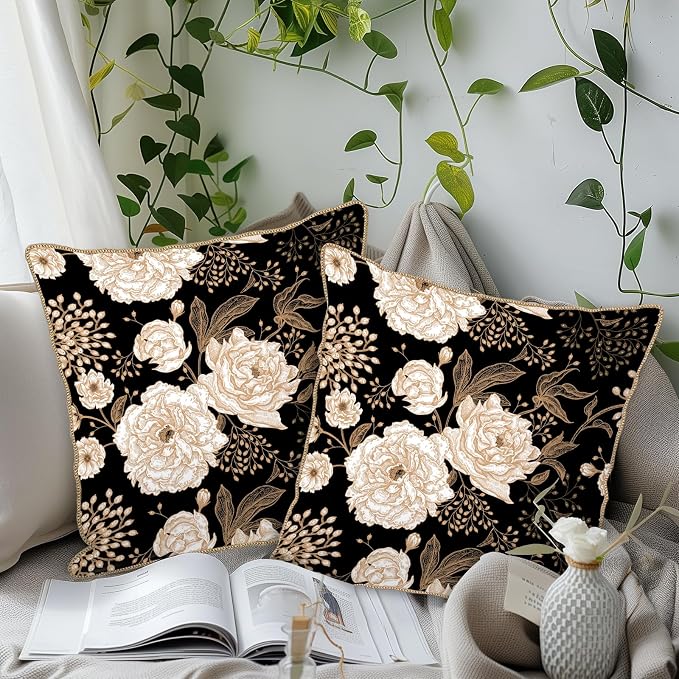 KSLIDS Vintage Peony Roses Floral Soft Velvet Throw Pillow Covers Set of 2 White Roses Flower Bloom Leaves Decorative Pillow Covers 20x20 Inch Black Gold Cream Pillow Case for Sofa Couch Home Decor