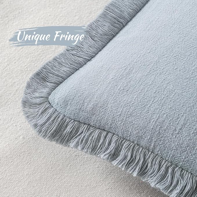 MIULEE Boho Linen Fringe Decorative Throw Pillow Covers Sky Blue 20x20 | Set of 2, Cottagecore Decor, Boho Farmhouse Coastal Pillow Covers, Rustic Couch Cushion Cases for Sofa Bed Living Room