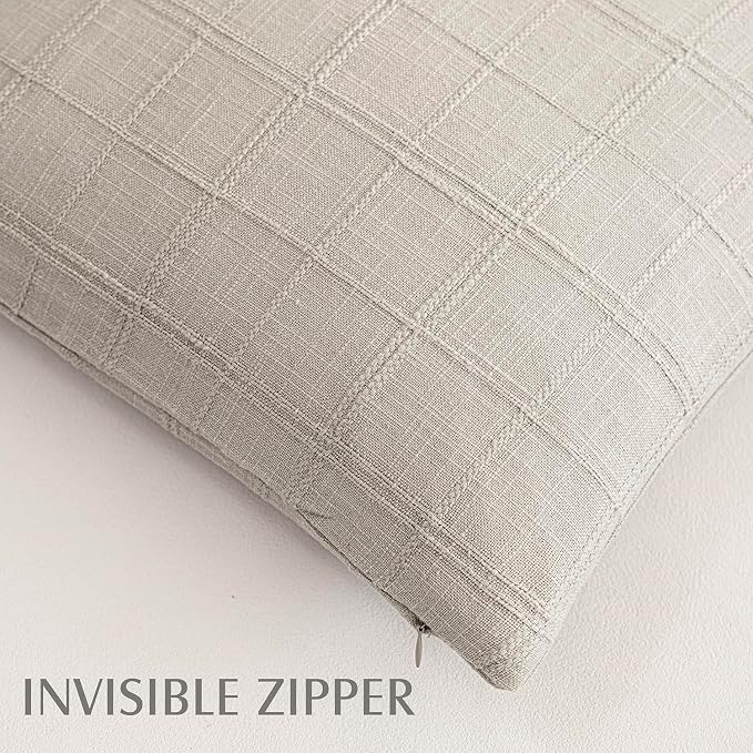 Foindtower Set of 2 Decorative Linen Check Throw Pillow Covers Neutral Farmhouse Vintage Cushion Covers Modern Coastal Boho Home Decor for Sofa Chair Couch Bedroom Living Room,18×18 Inch,Light Grey