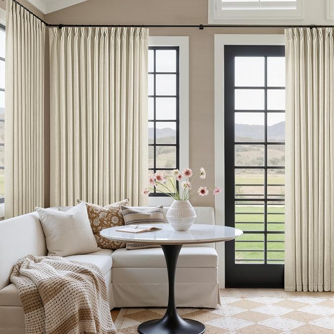 Extra Wide Pinch Pleat 100 x 90 Inch Linen Semi Sheer Curtains 1 Panel | Neutral Beige, for Living Room Patio Glass Sliding Door Dining Bedroom Large Window, Light Filter, Pinch Pleated W100xL90