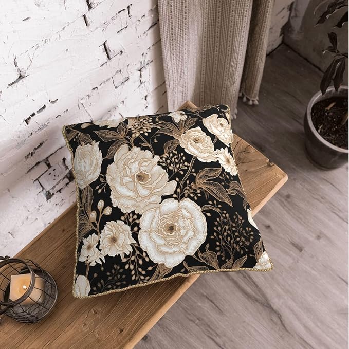 Vintage Peonies Roses Flower Velvet Pillow Covers 16x16 Inch Gold White Aesthetic Floral Leaves Throw Pillows For Couch Cushion Covers Pillowcase Farmhouse Pillow Cases for Sofa Bed Living Room