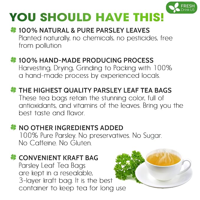 Premium 75 Parsley Leaf Tea Bags, 100% Natural & Pure from Parsley Leaves. Loose Leaf Parsley Herbal Tea. Parsley Leaf Tea. Made with Natural Material Tea Bags. No Sugar, No Caffeine, No Gluten, Vegan.