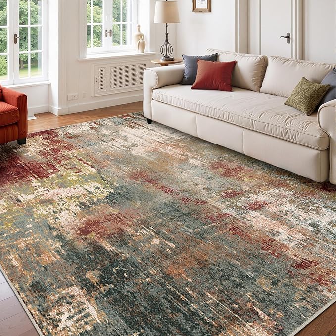 RELEANY Washable 9'x12' Abstract Area Rug for Living Room Rustic Brown | carpet for bedroom, kitchen, office, hallway and entryway, printed pattern, non-slip, soft, stain-resistant, easy to clean