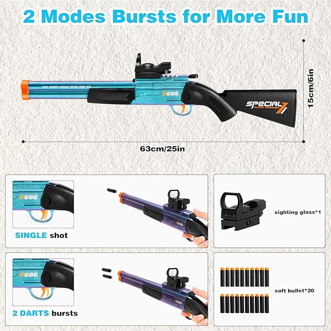 Toy Gun Double Barrel Shotgun Toy,with 20 Soft Bullet Darts, Toy Foam Blaster Foam Dart Blaster with Scope for Kids, Youth, Teen, Boys-Holiday for 8-12 Year (Blue)