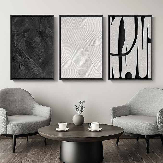 Large Framed Black and White Abstract Wall Art for Living Room, 3 Piece | Modern Canvas Prints, Black White Artwork for Walls, Minimalist Pictures, Bedroom Office Paintings Wall Decor Total 30x60 In