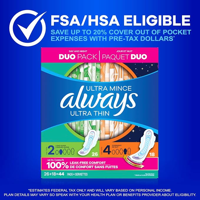 Always Ultra Thin Pads Duo Pack, Feminine Pads with Wings for Women, Size 2 Long Super and 4 Overnight Absorbency, Unscented, Up to 100% Leak-Free Protection, 44 CT