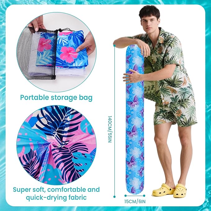 Inflatable Swimming Pool Noodle, 2 Pack Soft Fabric Quick Drying Covered Large Pool Floats Noodles, Premium Buoyancy Swim PoolFloats with Portable Storage Bag for Pool Party Toy