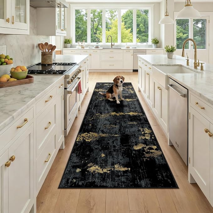 RELEANY Washable Runner 2'6"x8' Abstract Area Rug for Hallway Black Gold | carpet for kitchen, entryway, bathroom, living room, bedroom, printed pattern, non-slip, soft, stain-resistant, easy to clean