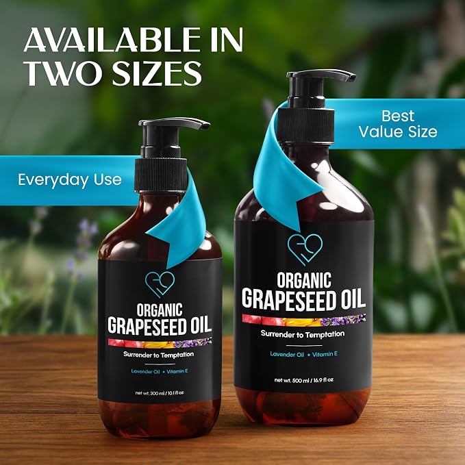 Organic Grapeseed Massage Oil with Lavender & Vitamin E – Lightweight, Non-Greasy Body & Skin Oil for Massage, Aromatherapy & Moisturizing – 10.1 fl oz (300 ml)