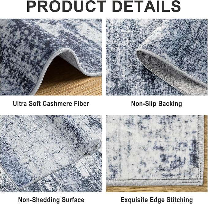 Area Rugs 10x14 Living Room - Washable Rug Modern Abstract Soft Large Neutral Non-Slip Carpet Indoor Floor Thin Carpets for Bedroom Dining Room Farmhouse Nursery Home Office Grey Blue