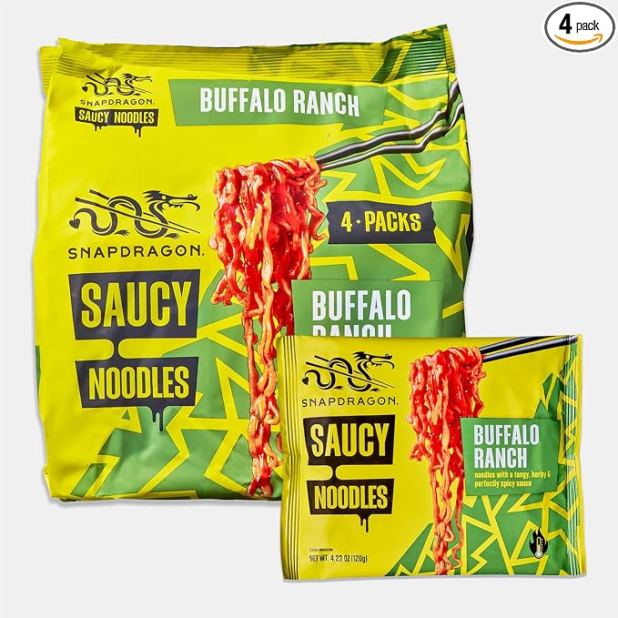 Snapdragon Saucy Instant Noodles with Spicy Buffalo Ranch Slurpable Sauce - Quick Meal, Snack, and Lunch. 4-Pack Microwave Noodles for Cup, Bowl, Ramen or Asian Stir Fry