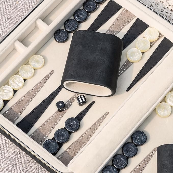 Backgammon Sets for Adults, Classic Board Game with Folding Leather Backgammon Case, Portable Travel Backgammon Game Set (Black)