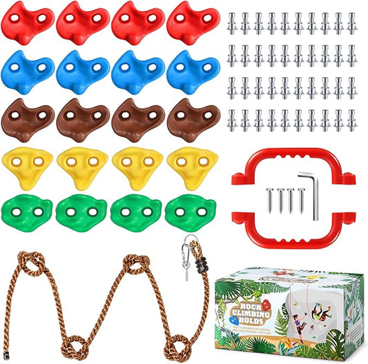 TOPNEW 20 PCS Rock Climbing Holds for Kids, Rock Wall Holds with 6.56 Ft Climbing Rope and 2 Handles, Rock Wall Climbing Kit for Indoor and Outdoor Playset - Includes Mounting Hardware