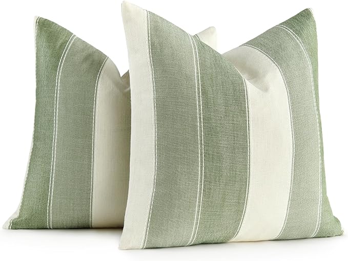 Pack of 2 Farmhouse Stripe Check Throw Pillow Covers Set Case Cotton Linen Decorative Pillowcases Cushion Cover for Couch Bench Sofa 18x18 Inch Sage Green