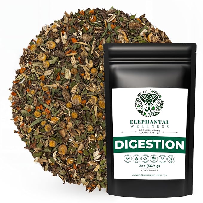 Elephantal Wellness Digestion Herbal Tea – Supports Healthy Digestion & Gut Comfort | Burdock Root, Ginger, Fennel, Peppermint, Turmeric & Chamomile | Caffeine-Free Loose Leaf Tea – 2oz, 20 Servings