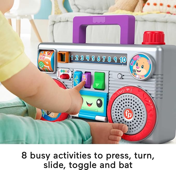 Fisher-Price Laugh & Learn Busy Boombox, Retro-Inspired Musical Infant Activity Toy with Learning Content for Baby and Toddlers (Amazon Exclusive)