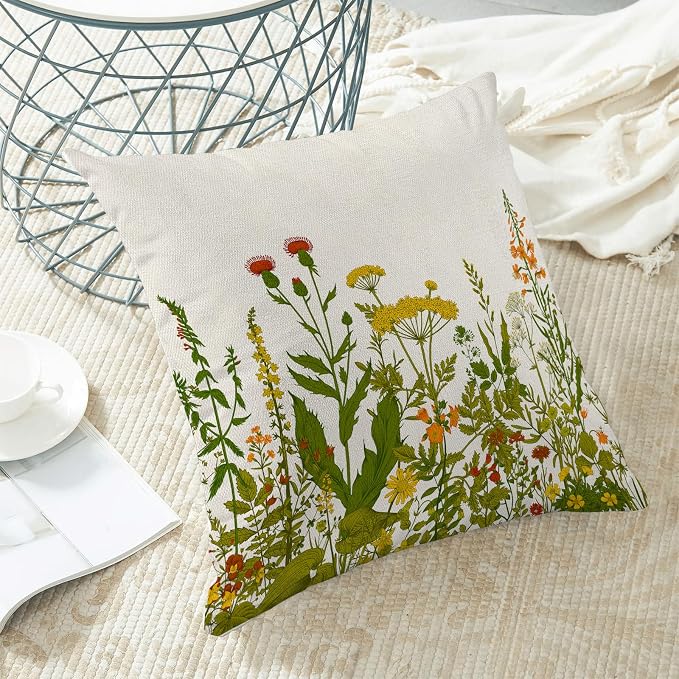 AEIOAE Yellow and Green Pillow Covers 16x16 Inch Set of 2, Spring Wildflower Plant Throw Pillows Case,Seasonal Floral Outdoor Decorative Flowers Farmhouse Decor Cushion Covers for Home Sofa Bed Couch