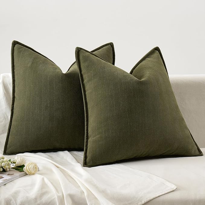 MIULEE Pack of 2 Olive Green Euro Shams Chenille Pillow Covers 26x26 Inch | Decorative Soft Couch Throw Pillows,Farmhouse Cushion Covers,Elegant Design for Sofa,Bed,Living Room,Summer Decor