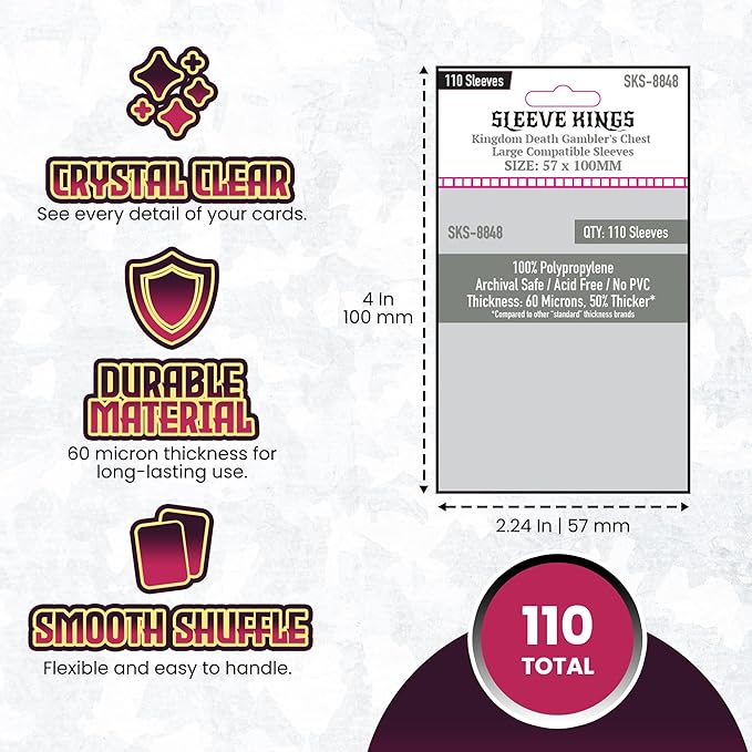 Sleeve Kings Standard Card Sleeves – 110 Count, Clear 60 Micron Thickness, Large Size (57 x 100 mm), Compatible with Kingdom Death: Monster & More – SKU: SKS-8848