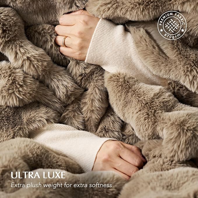 Faux Rabbit Fur Bubble Throw Blanket, 50"x60", Greige | Ultra Soft, Luxury Faux Rabbit Fur Throw, Thick Warm Bubble Blanket, Cozy Fluffy Reversible, for Bed, Couch, Chair, Sofa
