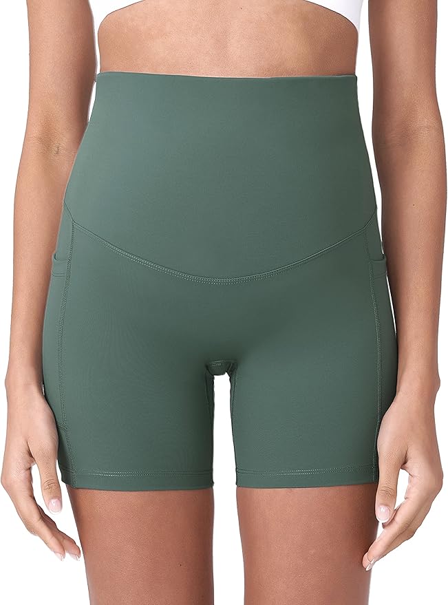 POSHDIVAH Women's Maternity Yoga Shorts Over The Belly Bump Summer Workout Running Active Short Pants with Pockets 5"/8"