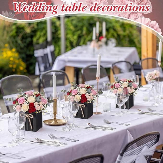 12 Pack Galvanized Square Vases with Floral Foam, 3.5 inch Waterproof Rustic Tin Buckets with Twine Bows, Mini Farmhouse Metal Planter Centerpieces for Wedding Party Table Decor(Black)