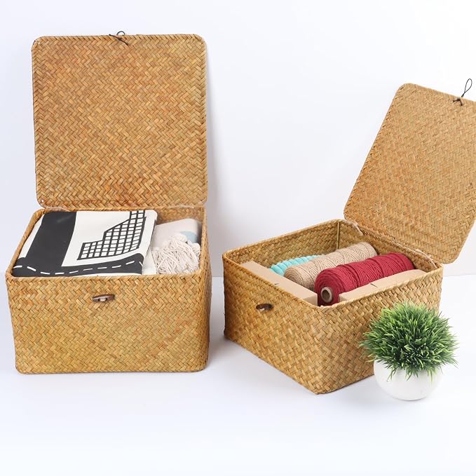 Moosky Wicker Shelf Baskets with Lid, Handwoven Seagrass Storage Basket Bins Square Gift Boxes for Shelves Home Decor Organizer (Natural, X-Small)