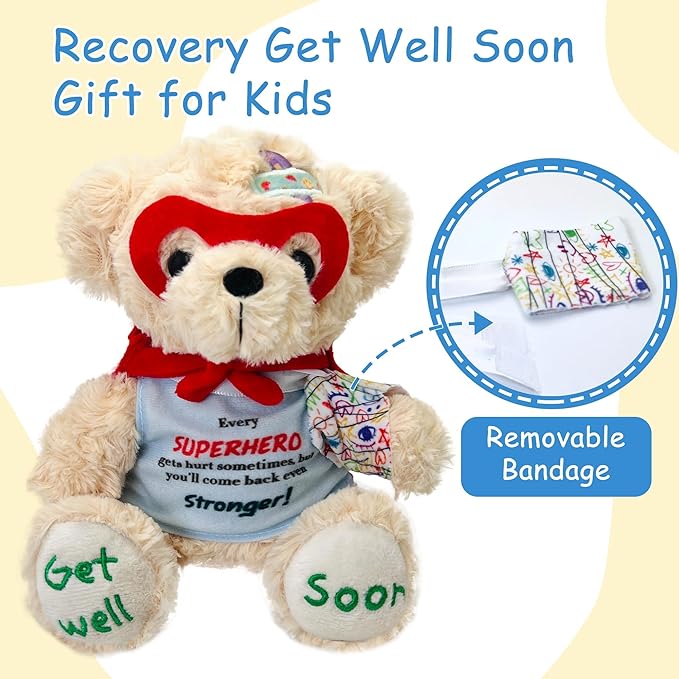 Superhero Get Well Soon Bear - 8" Broken Arm Stuffed Animal with Cape & Mask, Removable Doodle Bandage, Inspirational Gift for Surgery Recovery, Kids, Boys, Girls, Toddlers | Safety Certified Toy