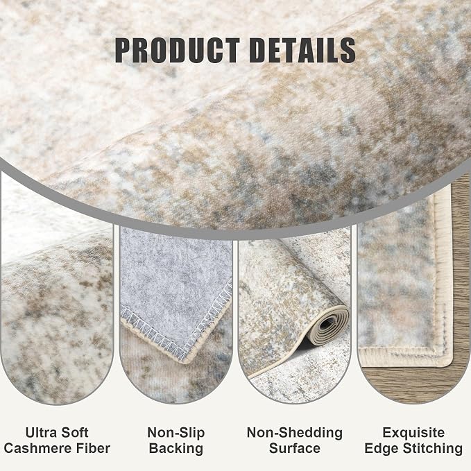 Round Area Rug for Living Room: 8 ft Washable Modern Abstract Soft Thin Rug Indoor Floor No Slip Stain Resistant Carpet for Bedroom Dining Room Farmhouse Nursery Home Office - Brown Grey