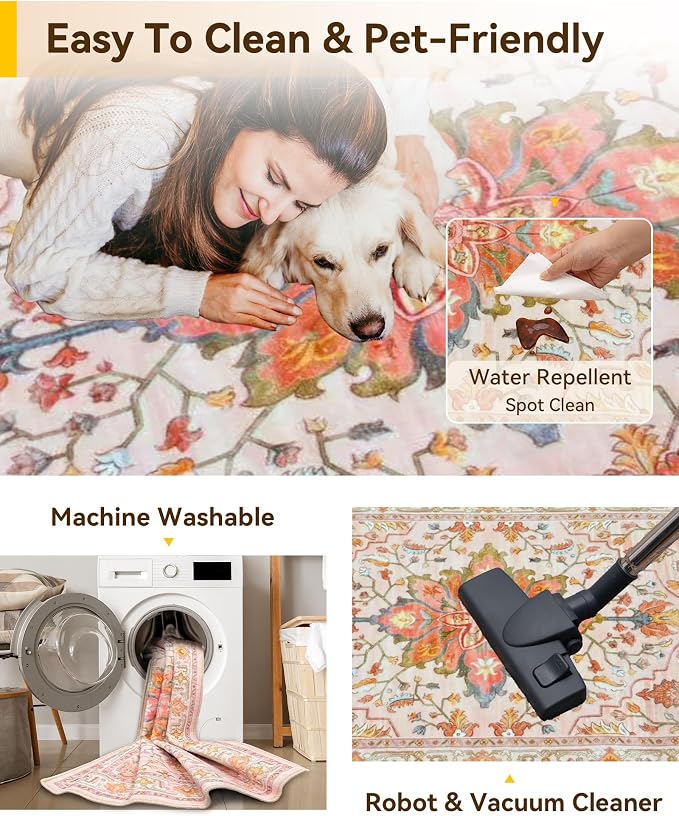 RELEANY Area Rugs Square 8ft Washable Non-Slip, Floral Vintage Distress Medallion Carpet for Living Room Bedroom Dining Room, Light Pink Colorful