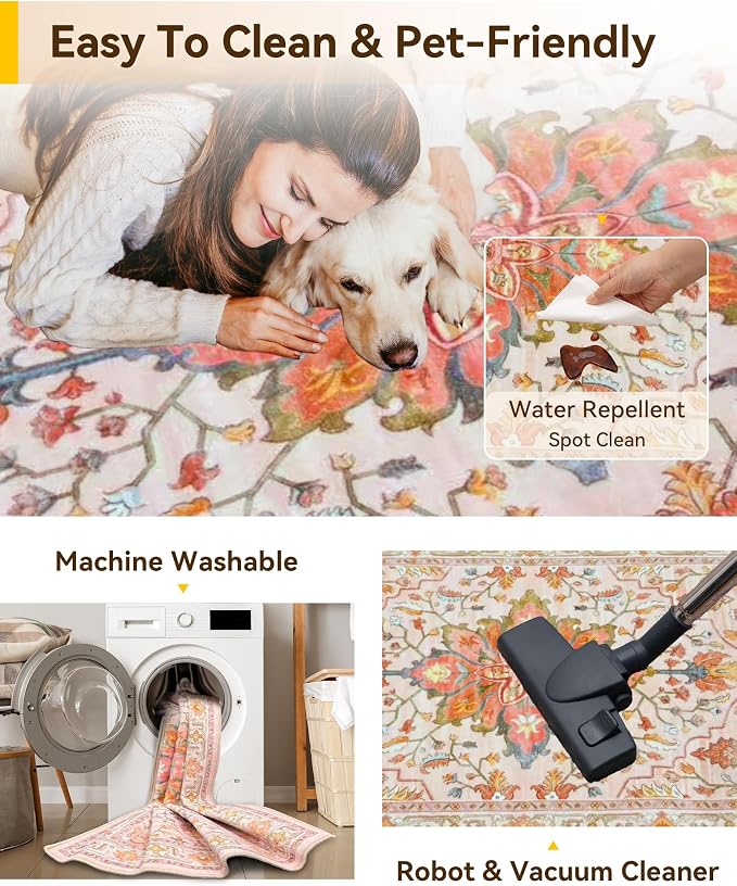 RELEANY Area Rugs Runner 2'6"x5' Washable Non-Slip, Floral Vintage Distress Medallion Carpet for Kitchen Hallway Bedroom Beside Laundry Room Bathroom, Light Pink Colorful