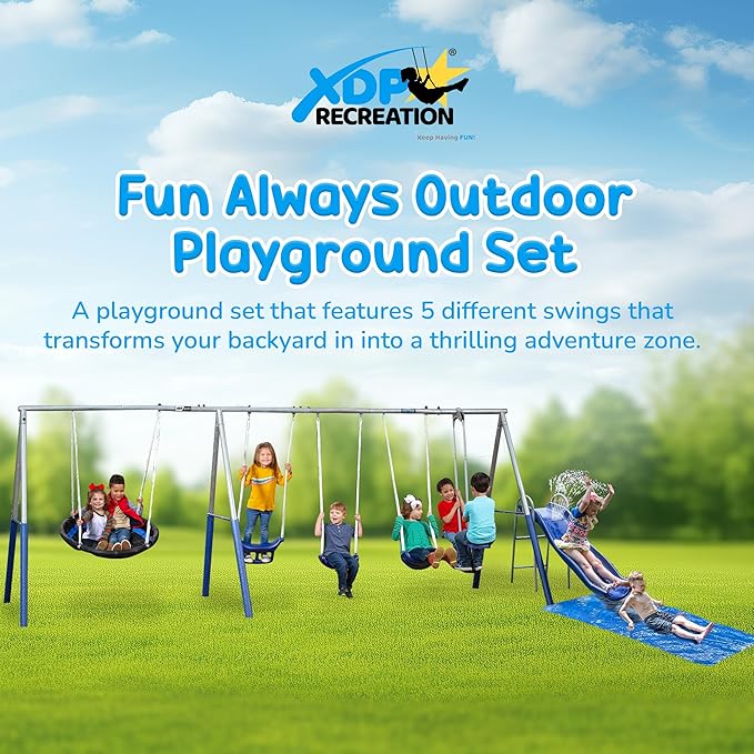 XDP Recreation Fun Always Outdoor Playground with Water Slide, Super Disc Swing, and AirGlider for 2 with Foot-Rests, for up to 8 Kids