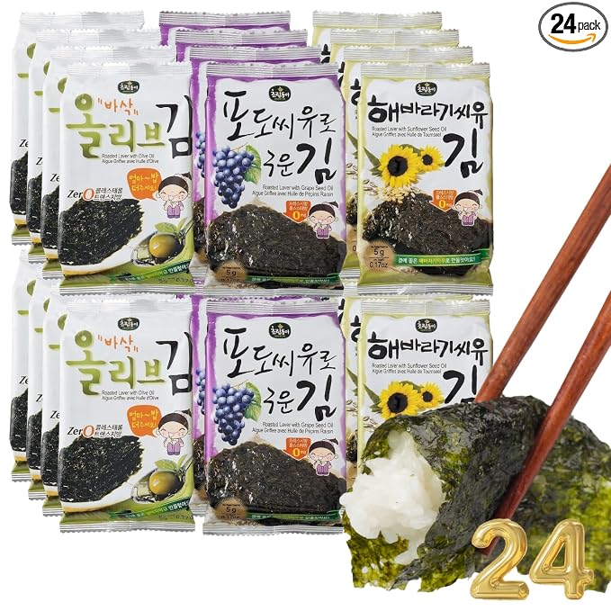 Korean Food Mixed Roasted Seaweed Snack, Dried, Keto, Vegan, 24 Count | Light and crispy roasted seaweed snack made with simple ingredients in convenient individual packs