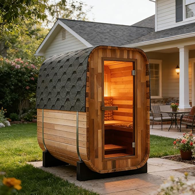 Customize 2-8 Outdoor Barrel Sauna Room,HARVIA 6KW Electric Stove or Wood Burning Stove Japanese Cedar Sauna Kit (Cube Sauna)