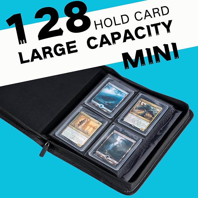 Top loader Binder, Holds 128+ Toploaders, 4 Pocket Top Loader Card Storage Case, Double-Sided Pockets for trading card in 3 x 4'' Toploaders（Blue）