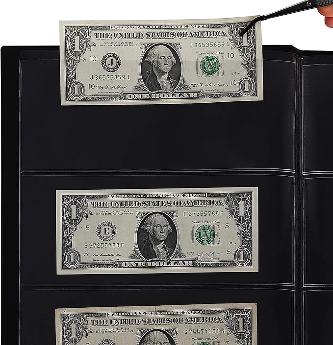 60 Pockets Currency Album - Banknotes Collecting Holder Leatherette Hard Cover Storage Book with Protective Case for Paper Folding Money Dollars Bills Trading Cards Stamps Collection AN01BK