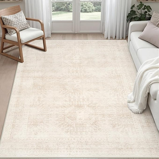 4x6 Area Rugs for Living Room: Vintage Boho Neutral Washable Rug Indoor Soft Large Area Rug Carpet for Bedroom Nursery Farmhouse Dining Room Office Floor Non-Slip Low Pile Under Table Rug Beige