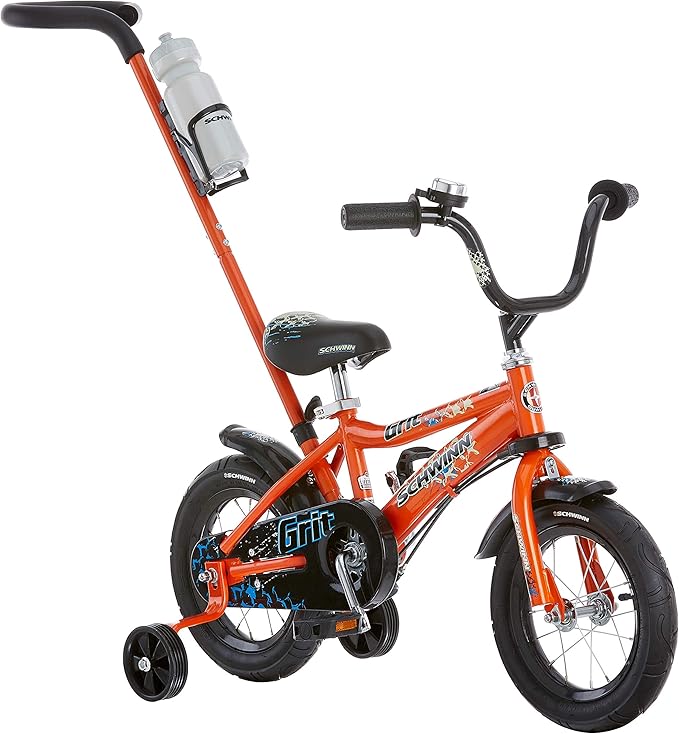 Schwinn Petunia and Grit Bike, 12 Inch Bike for Kids Ages 2-4, Orange, Teal, Pink or Blue, Steerable Beginner Bicycle with Training Wheels, Parent Push Handle, Rear Coaster Brake, Adjustable Seat