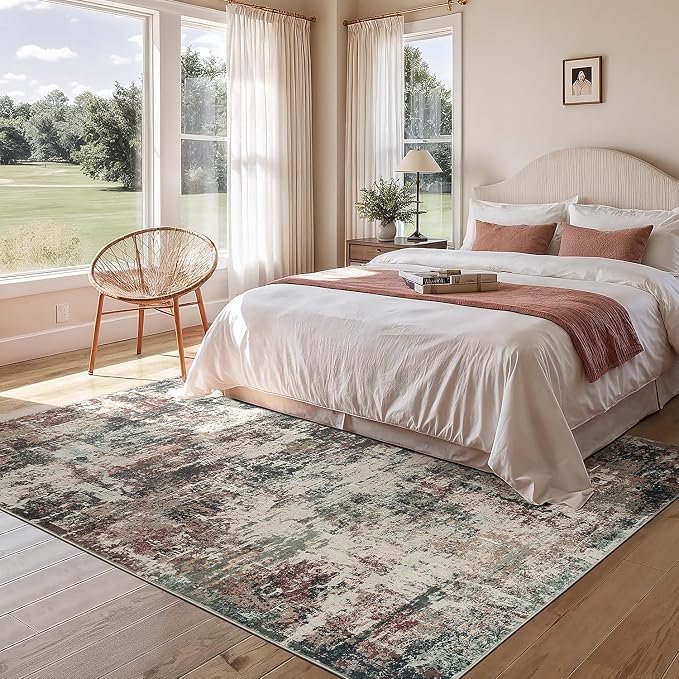 Rugflix 5x7 Area Rugs for Living Room, Washable Rust Brown Green Large Rug | Machine Washable; Stain-Resistant; Low Pile; Non-Slip; Modern Abstract; Carpet for Bedroom Dining Office Nursery Home