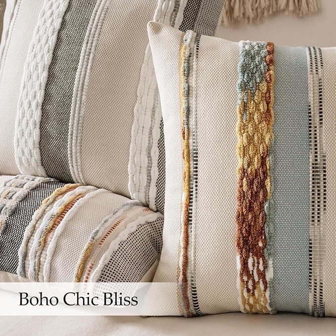 ANRODUO Boho Decorative Pillow Covers 22x22 Blue-Earth Tones Pack of 2 | Throw Pillow Covers, Farmhouse Cushion Case, Chenille Pillow Cases, Pillow Covers, Neutral Pillowcase for Sofa Couch Bed