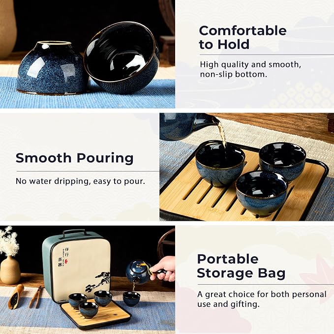 DUJUST Chinese Gongfu Tea Set, Kiln Altered Glaze Porcelain Tea Set with 1 Teapot, 4 Tea Cups & 1 Tea Tray, Portable Japanese Tea Sets with Storage Bag for Travel, Gifting, Outdoor, Dark Blue