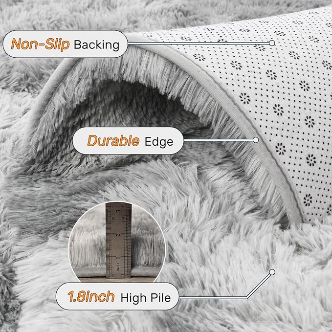9x12 ft Rug for Living Room Fluffy Grey White Shag Rug Non-Slip Area Rugs Carpet for Bedroom Nursery Kids PlayRoom Dorm Office Indoor Modern Plush Carpets