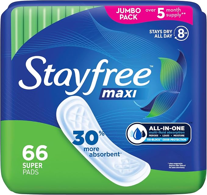 Stayfree Maxi Super Long Pads For Women, Wingless, Reliable Protection and Absorbency of Feminine Periods, 66ct