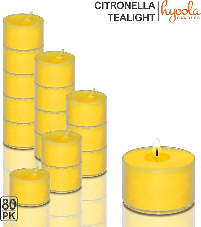 Hyoola Tealight Citronella Candles Outdoor, 8 Hour Burn Time - Indoor and Outdoor Mosquito, Insect and Bug Repellent Citronella Candle, Natural Fresh Scent, Decorative in Clear Cup (Pack of 80)