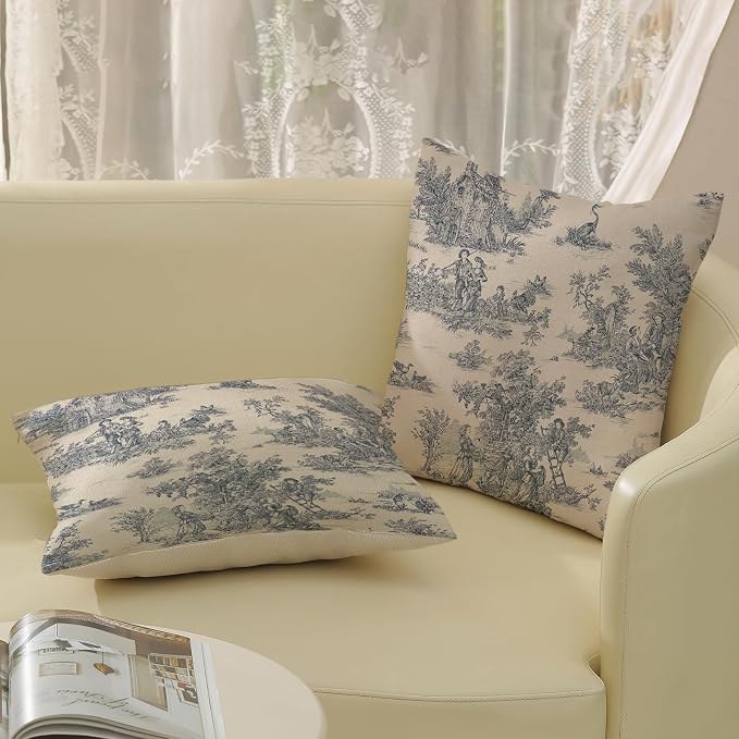 Blue Toile Pillow Covers 18x18 Inch Set of 2 Vintage French Country Throw Pillows Outdoor French Country Decorative Pillow Cases Rustic Linen Decor Farmhouse Cushion Case for Couch Bedroom